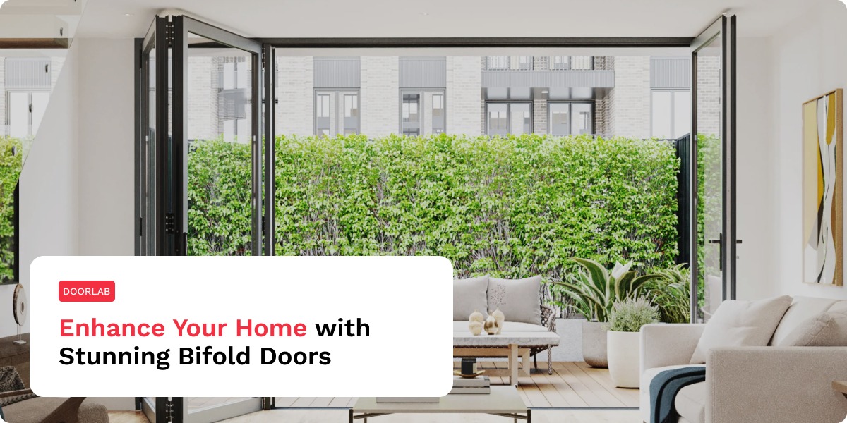 Modern living room with open bifold doors leading to a green hedge garden, promoting home enhancement with stylish door solutions.